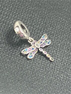 925 Sterling Silver & Multicolour CZ Stone Dragonfly Insect Dangle Charm